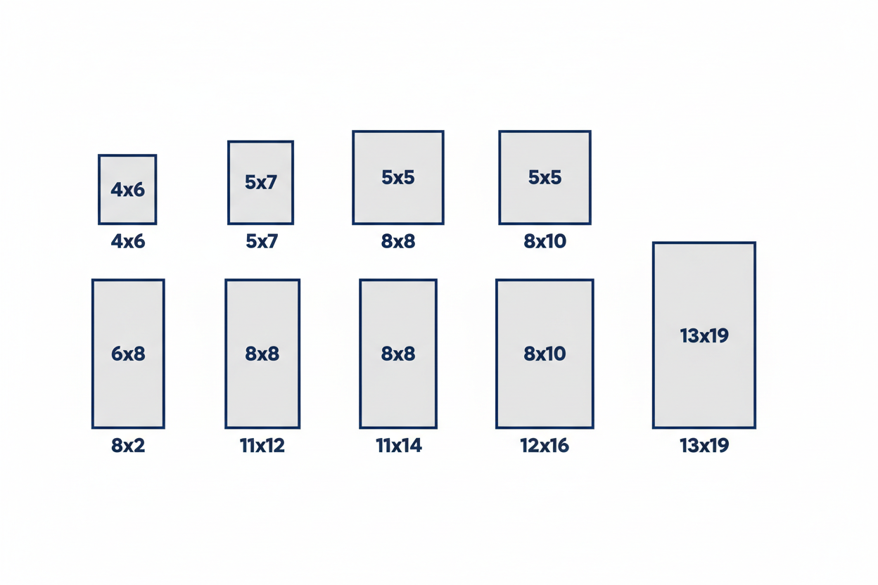 4×6 • 5×7 • 5×5 • 6×8 • 8×8 • 8×10 • 8×12 • 11×14 • 12×16 • 13×19
provide picture representation for all sizes 