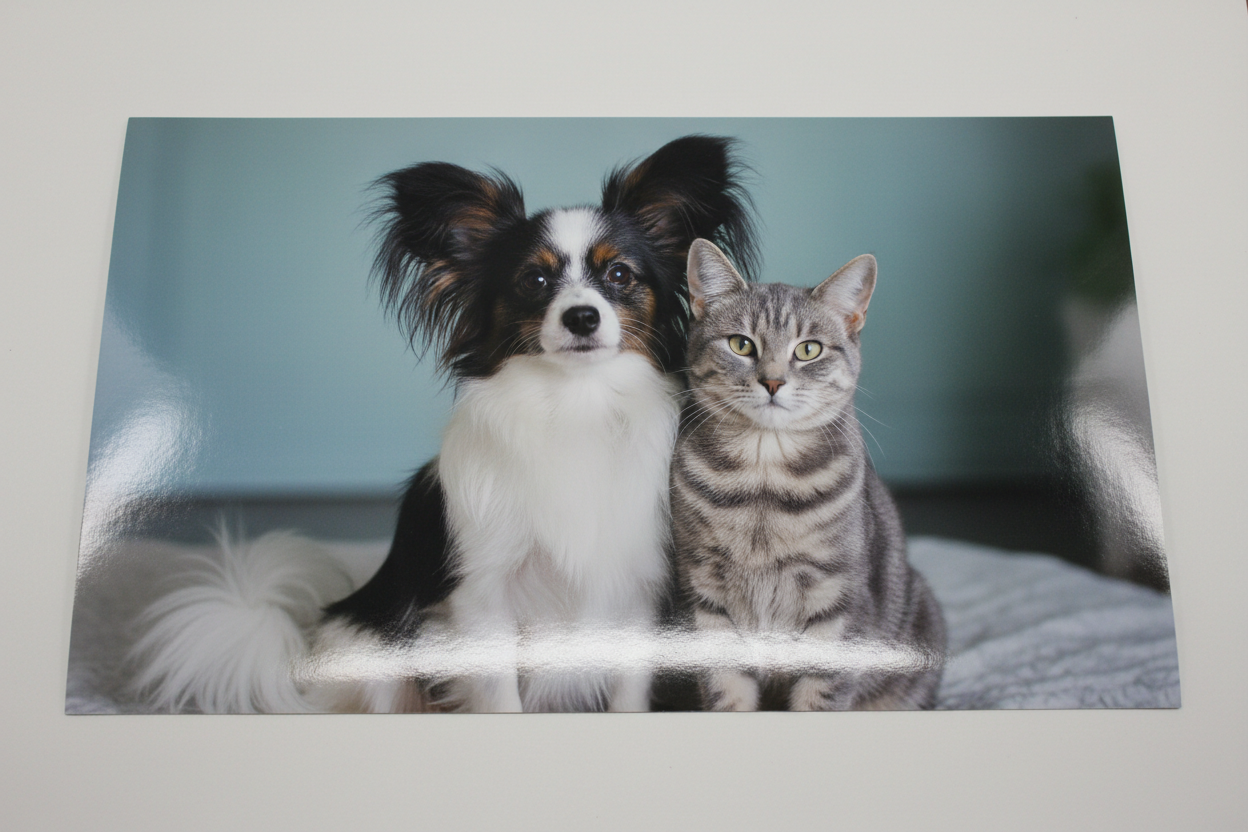 a glossy paper with a cute white and black fur pet dog and a grey cat 