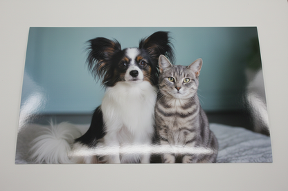 a glossy paper with a cute white and black fur pet dog and a grey cat 