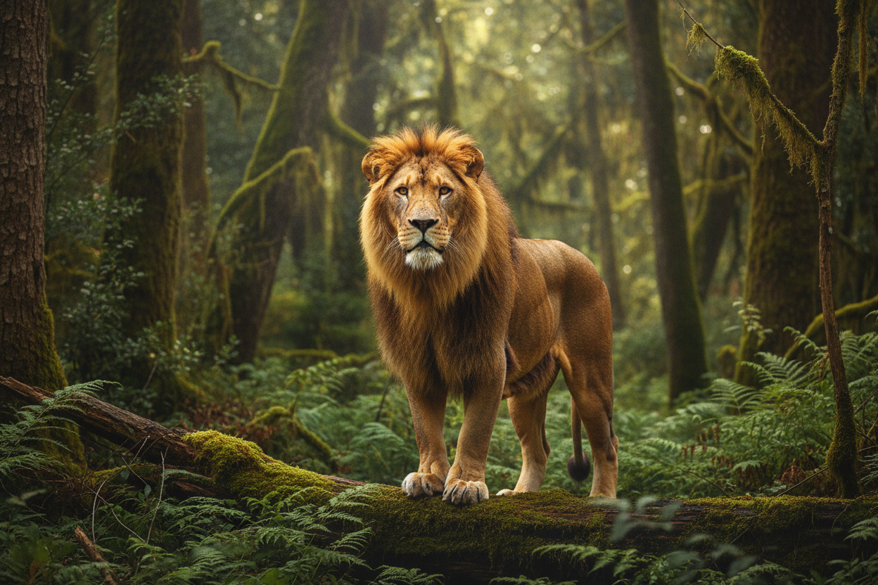 a real image of a lion in a forest on a satin paper
