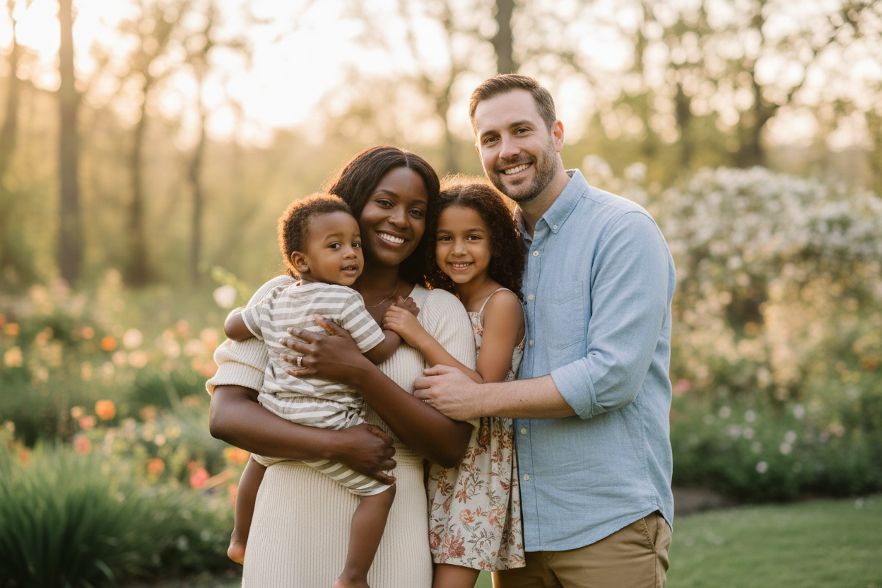Black woman with a white husband and two mixed kids
