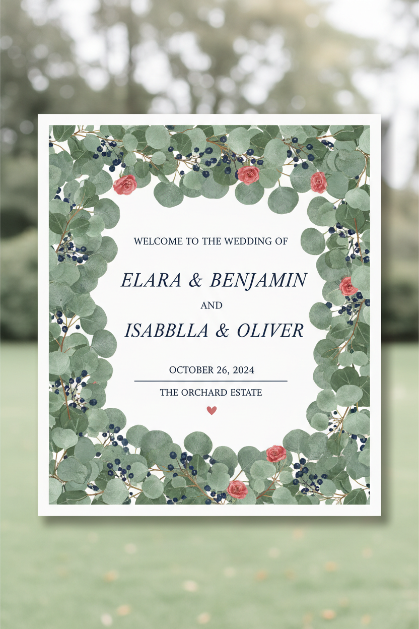 euchalyptus wedding welcome sign of two couples