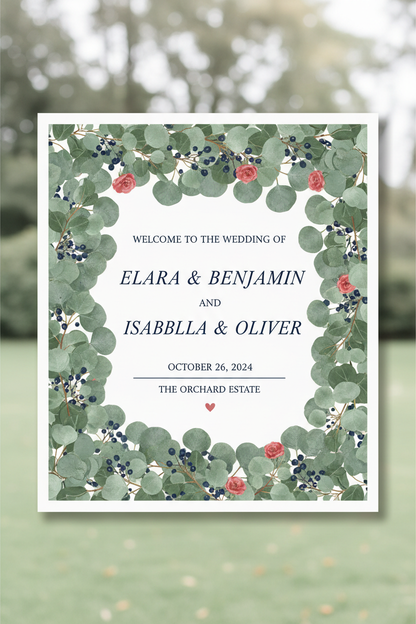 euchalyptus wedding welcome sign of two couples