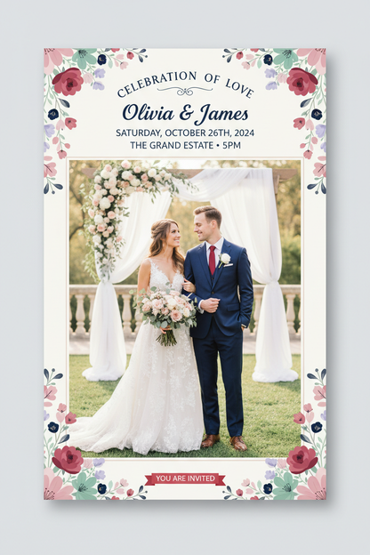 generate a picture for wedding event poster of 13 x 19 of a white couple