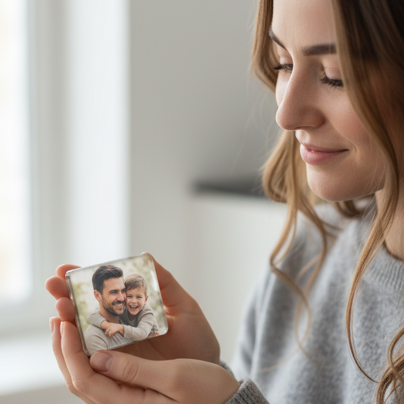 Woman Holding Family Photo Magnet